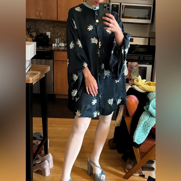 Roksanda Hammered Silk Mini Tent Dress Balloon Sleeve Navy Abstract Floral US 6 - Picture 7 of 7